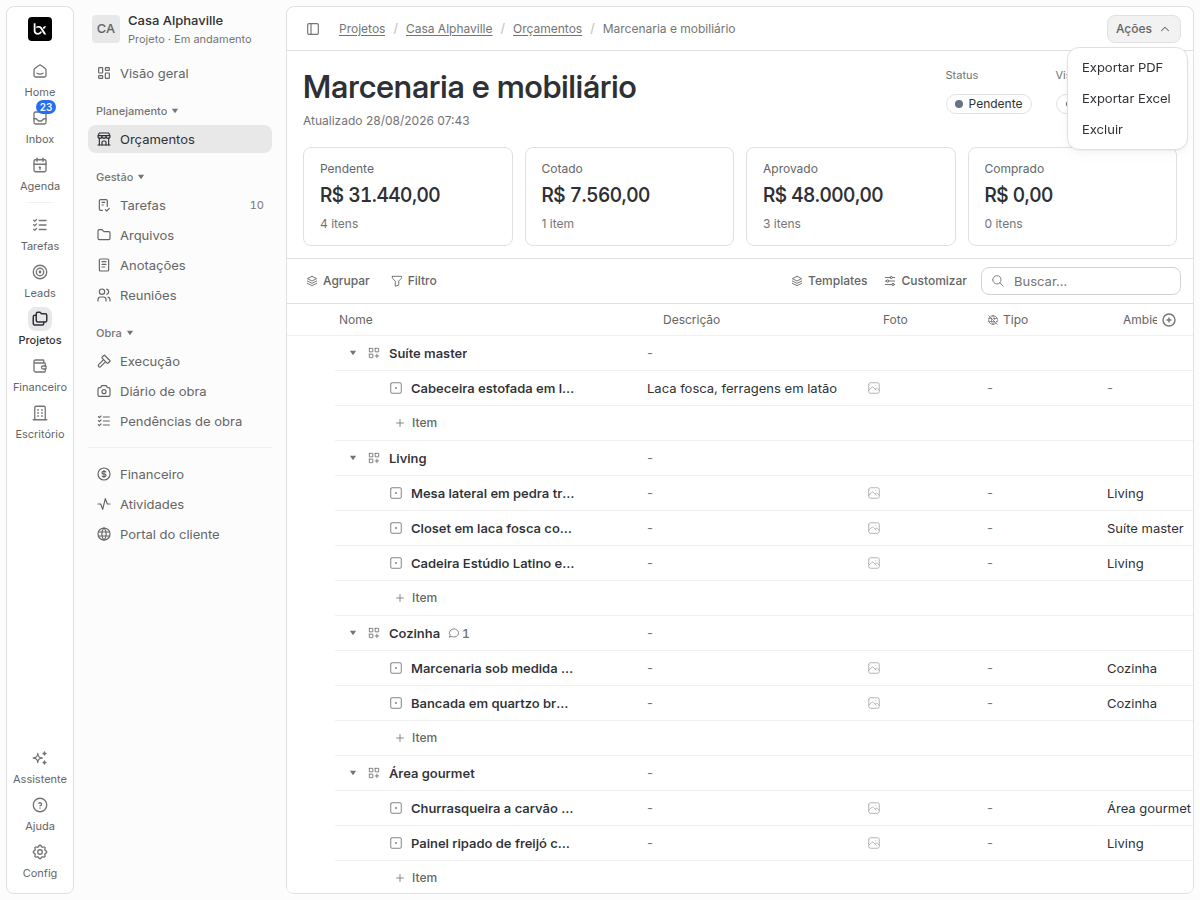Planilha de orçamento agrupada por ambiente com o menu Ações aberto em Exportar PDF e Exportar Excel