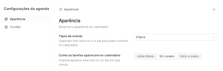 Aba Aparência das configurações da agenda, com Tipos de evento e a escolha de como as tarefas aparecem no calendário.
