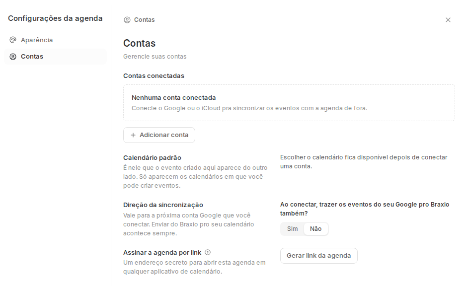 Aba Contas das configurações da agenda, com a assinatura por link no fim da tela.