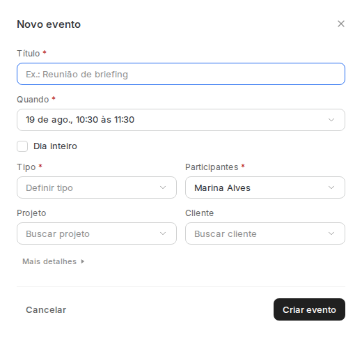 Formulário Novo evento com título, quando, dia inteiro, tipo, participantes, projeto e cliente.