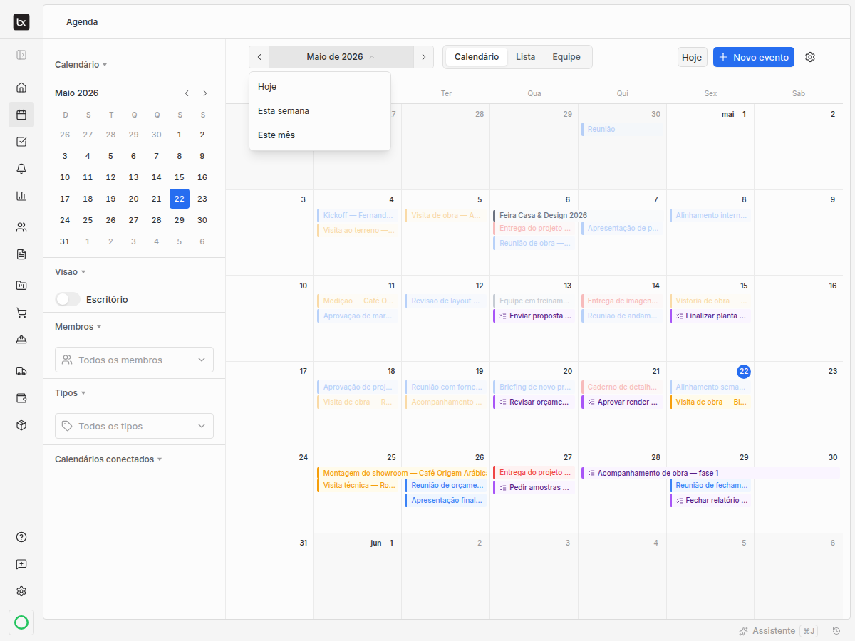 Topo da Agenda com o seletor de período aberto, mostrando as opções Hoje, Esta semana e Este mês, ao lado do alternador de visualização Calendário, Lista e Equipe.