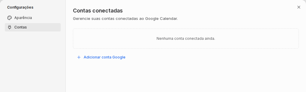 Configurações da agenda na aba Contas, com estado vazio e botão Adicionar conta Google.