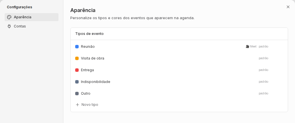 Configurações da agenda na aba Aparência, mostrando tipos de evento e cores.