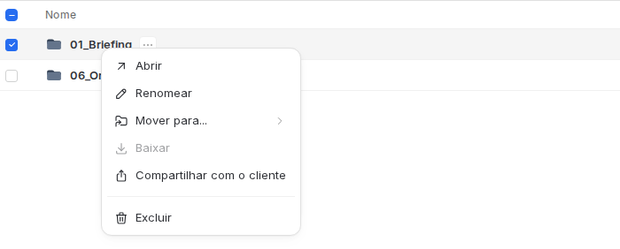 Menu de uma pasta com abrir, renomear, mover para, baixar, compartilhar com o cliente e excluir.