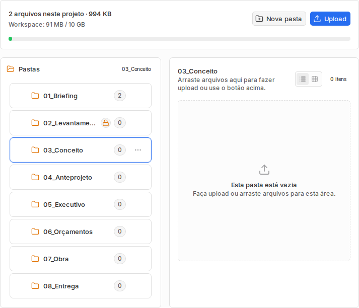 Aba Arquivos com a pasta 03_Conceito selecionada, botão Upload e área vazia para arrastar arquivos.