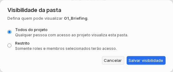Modal Visibilidade da pasta com opções Todos do projeto e Restrito.
