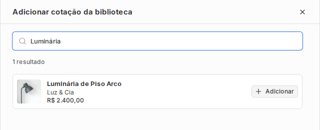 Sheet Adicionar cotação da biblioteca dentro de um orçamento, com busca e botão Adicionar.