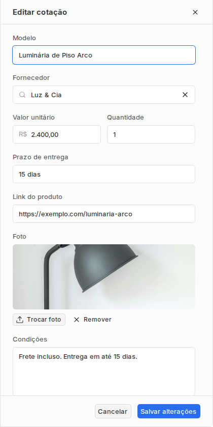 Sheet Nova cotação com modelo, fornecedor, valor, quantidade, prazo, link, foto, condições e observações.