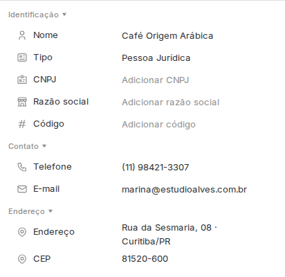Painel de dados de um cliente pessoa jurídica, com Identificação, Contato e Endereço.
