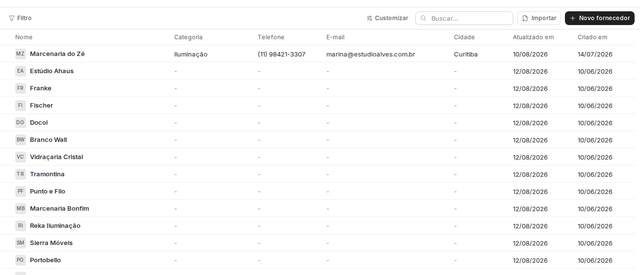 Lista de fornecedores com nome, categoria, telefone, e-mail e cidade.