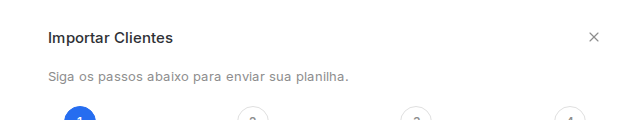 Barra de passos da importação, com Instruções, Enviar arquivo, Revisar e Concluído.