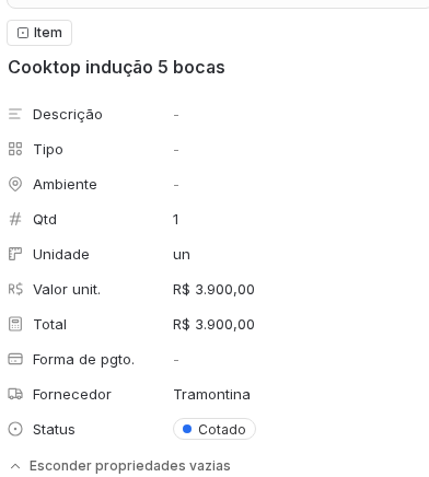 Painel de outro item do mesmo orçamento, com fornecedor diferente e status Cotado.