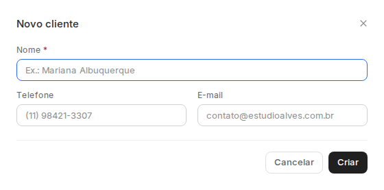 Formulário Novo cliente com os campos Nome, Telefone e E-mail.