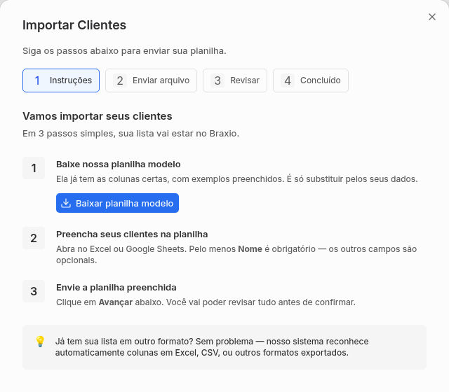 Modal Importar Clientes com instruções, planilha modelo e passos de envio.