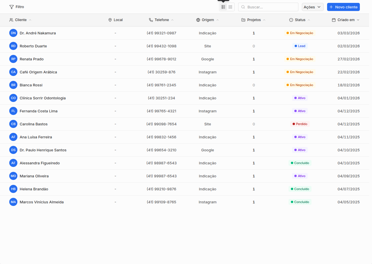 Lista de clientes do Braxio com busca, filtro, origem, status e projetos.