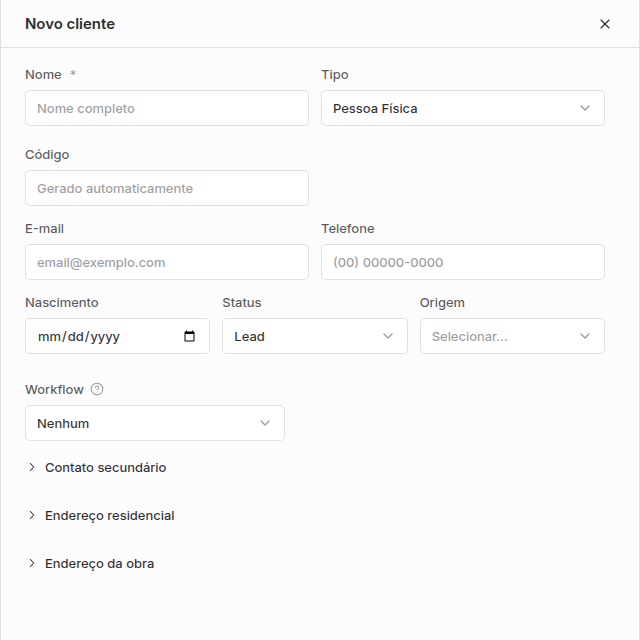 Formulário Novo cliente com nome, tipo, código, e-mail, telefone, status, origem e workflow.