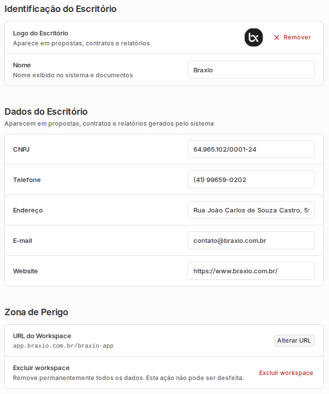 Tela Configurações Geral com identificação, dados do escritório e zona de perigo.