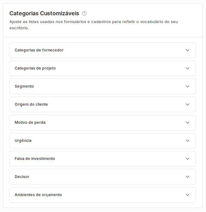 Tela Configurações Listas com categorias customizáveis usadas nos cadastros.