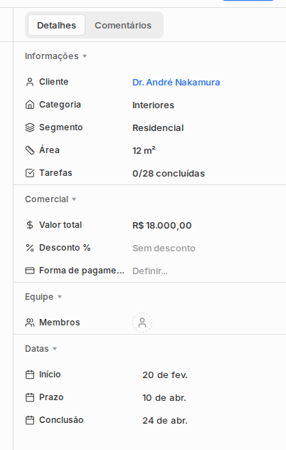 Painel lateral do projeto com dados, valor total, equipe, início, prazo e conclusão.