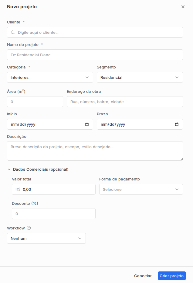 Formulário Novo projeto com cliente, nome, categoria, segmento, datas, dados comerciais e workflow.