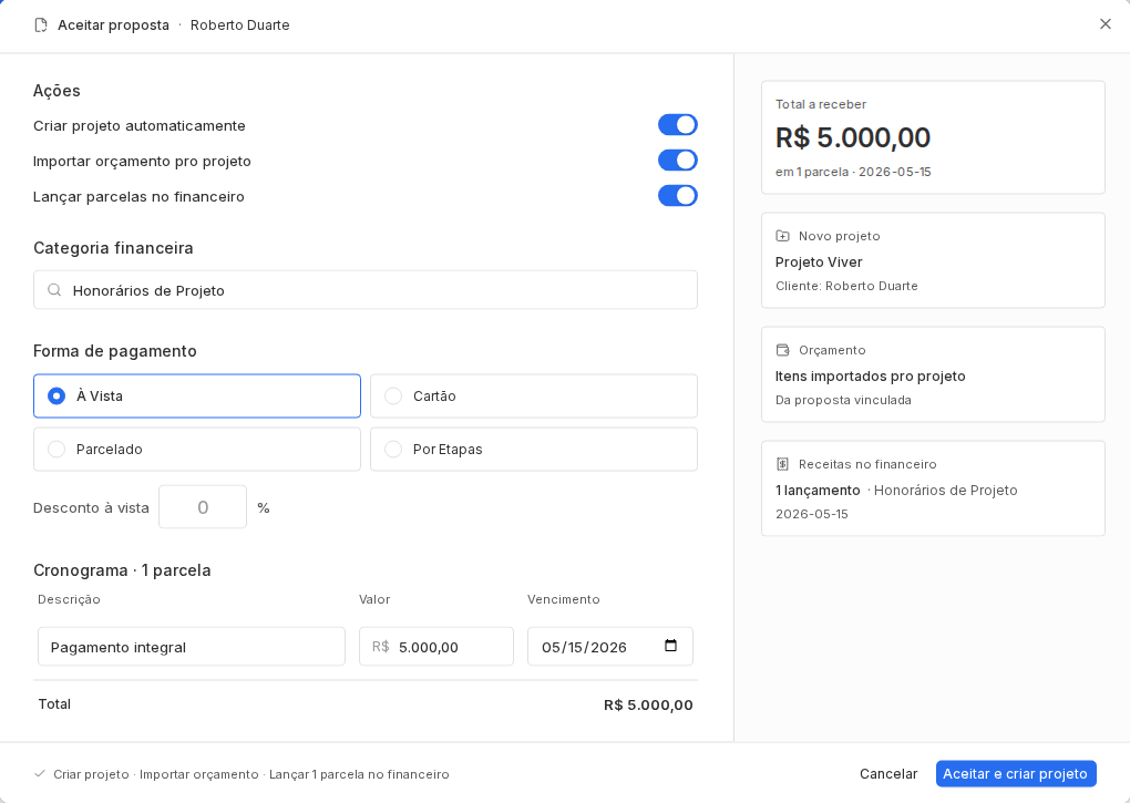 Modal Aceitar proposta com opções para criar projeto, importar orçamento e lançar parcelas no financeiro.