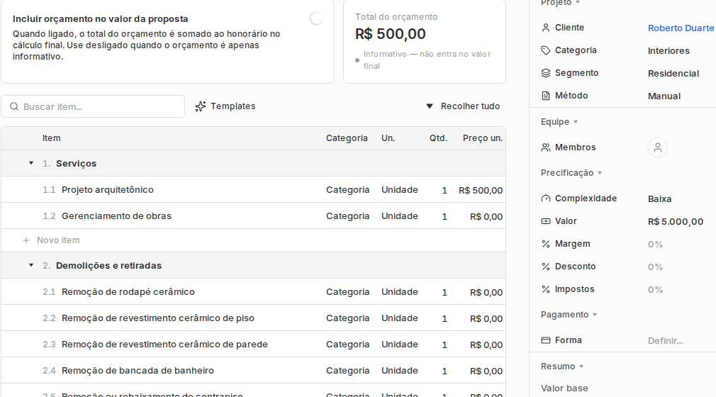 Aba Orçamento de uma proposta aceita com item, quantidade, preço unitário e total.