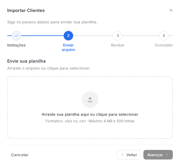 Segundo passo da importação, com a área para enviar o arquivo preenchido.
