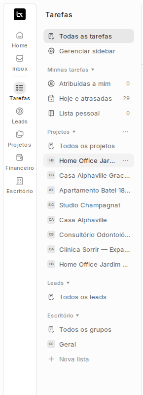 Barra lateral do Braxio com Home, Inbox, Tarefas, Leads, Projetos, Financeiro, Escritório e Config.