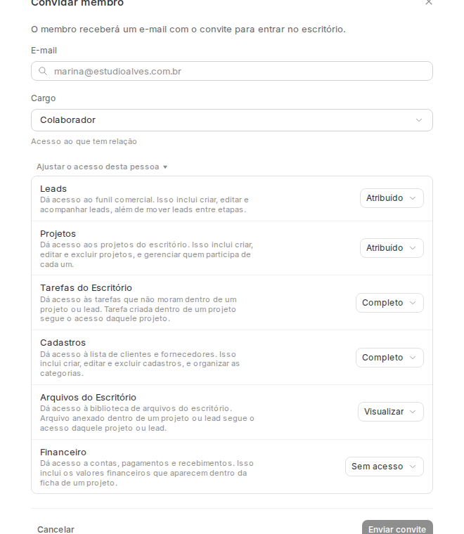 Convite com Ajustar o acesso desta pessoa aberto, mostrando Leads, Projetos, Tarefas do Escritório, Cadastros, Arquivos do Escritório e Financeiro, cada um com o próprio nível.