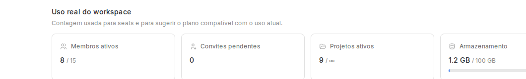 Bloco Uso real do workspace com membros ativos, convites pendentes, projetos ativos e armazenamento.
