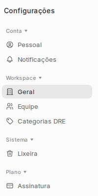 Navegação de Configurações com Conta, Workspace, Sistema e Plano.