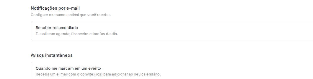 Tela de notificações com o resumo diário e o aviso de quando alguém te marca em um evento.