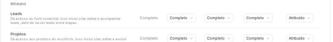 Linha do módulo Leads na matriz, com o nível de cada cargo: Completo para a maioria e Atribuído para colaborador.