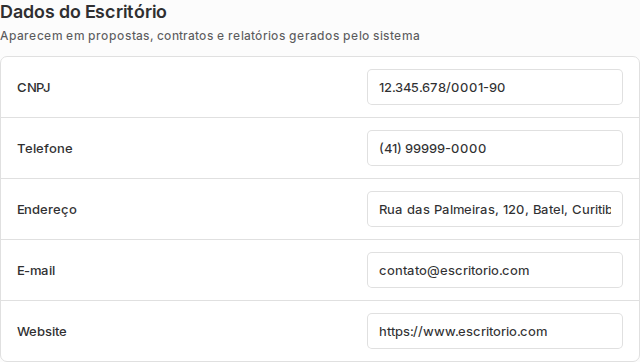 Configurações Geral com CNPJ, telefone, endereço, e-mail e website do escritório.