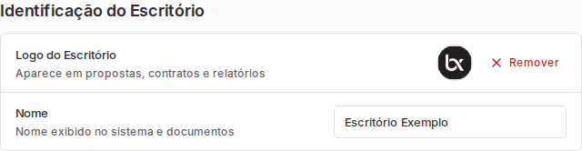 Configurações Geral com logo do escritório e campo Nome preenchido.
