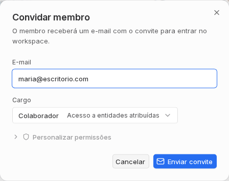 Modal Convidar membro com e-mail, cargo e opção de personalizar permissões.