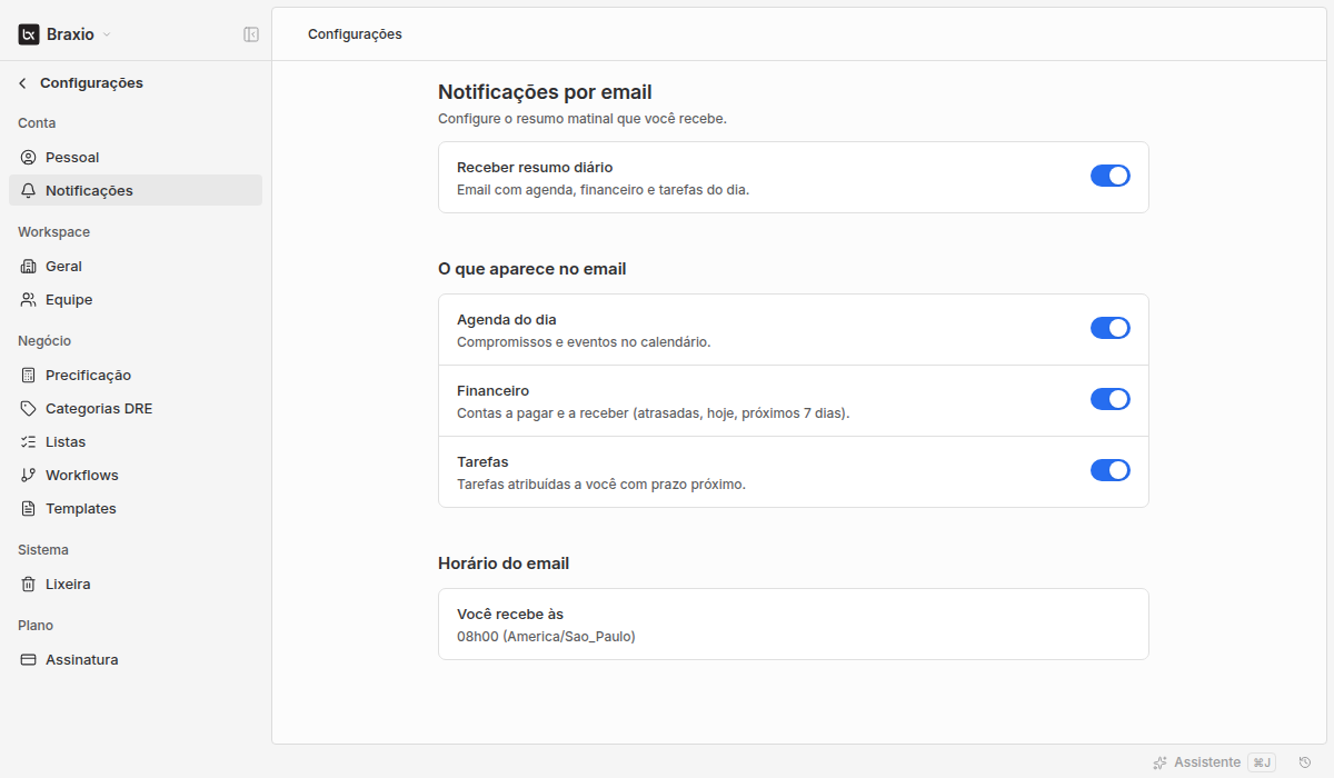 Tela de Notificações com o resumo diário ativado, as opções Agenda do dia, Financeiro e Tarefas selecionadas, e horário de envio configurado para 08h00 no fuso de São Paulo.