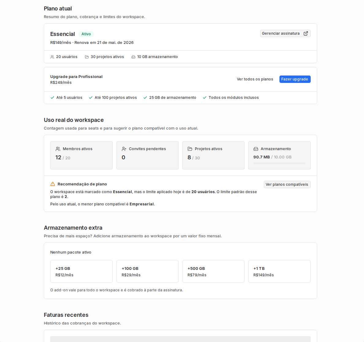 Configurações Assinatura com plano atual, upgrade, uso real do workspace, armazenamento extra e faturas recentes.