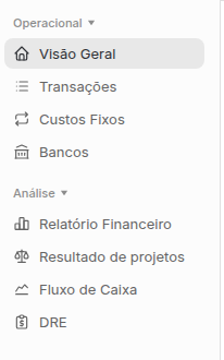 Navegação do Financeiro com os grupos Operacional e Análise.