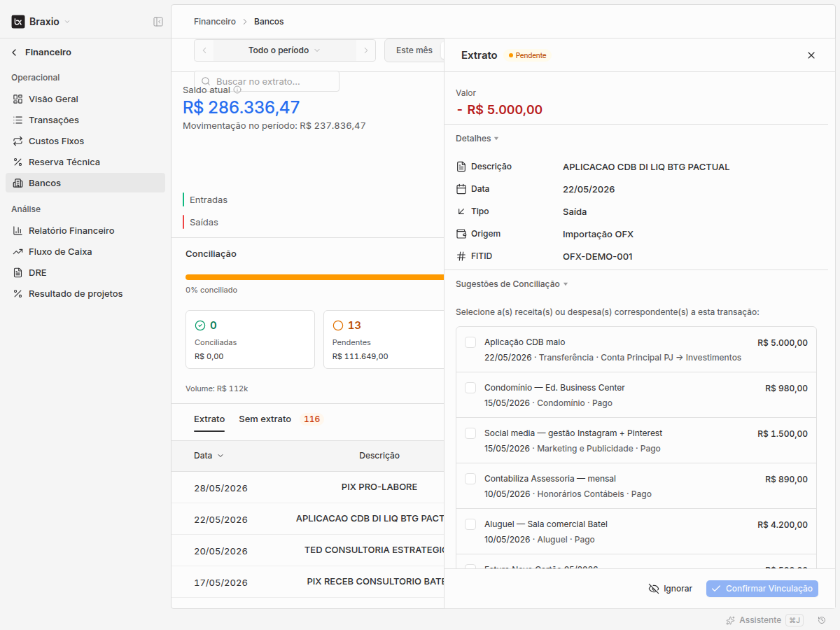 MatchingSheet aberto numa saída de R$ 5.000 do Inter, com 'Aplicação CDB' aparecendo nas Sugestões de Conciliação com label 'Transferência: Banco Inter → Banco Inter CDB'.