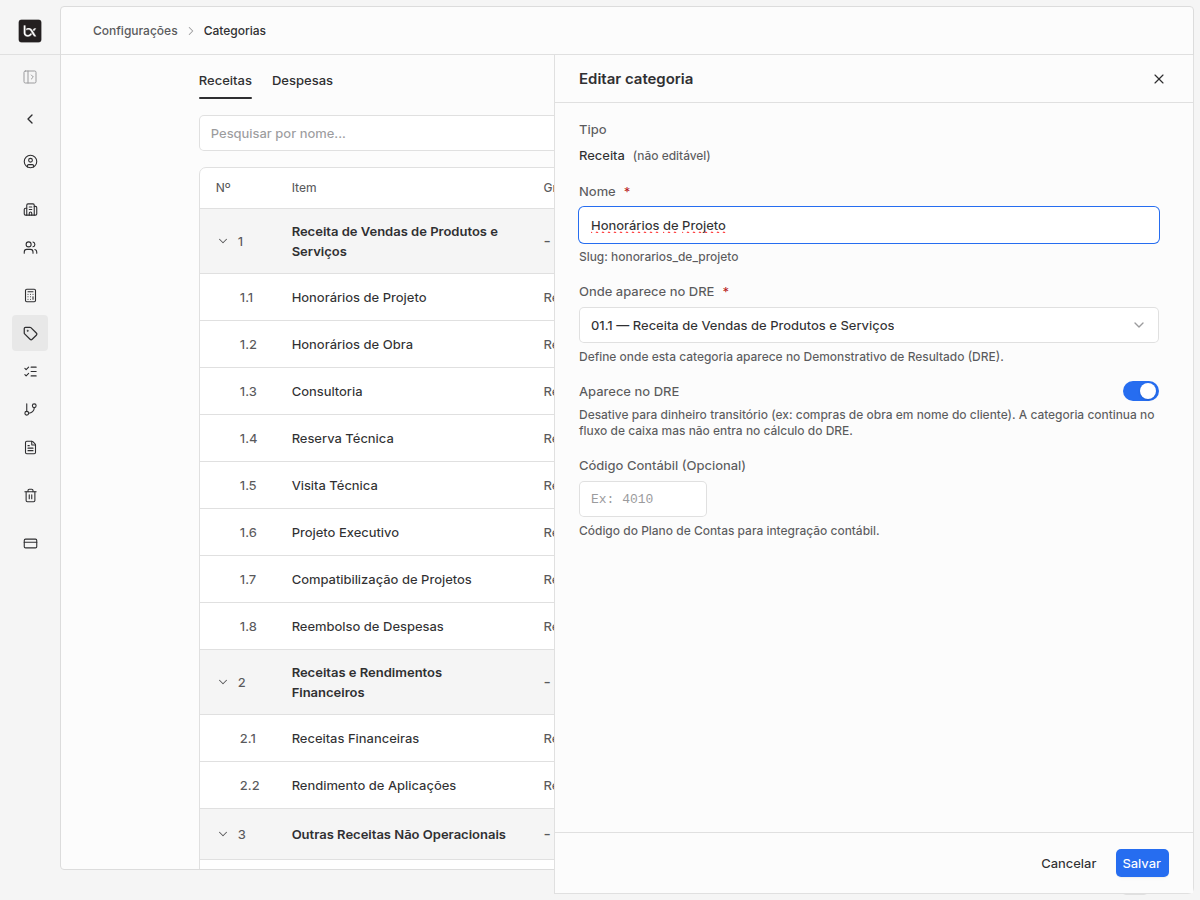 Painel Editar categoria mostrando Tipo Receita não editável, nome com slug fixo, campo Onde aparece no DRE para mover de subgrupo, toggle Aparece no DRE e Código Contábil.