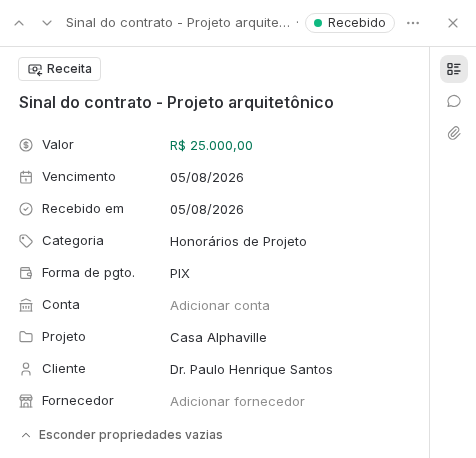 Painel de um lançamento de receita com valor, vencimento, data recebida, categoria, forma de pagamento, projeto e cliente.