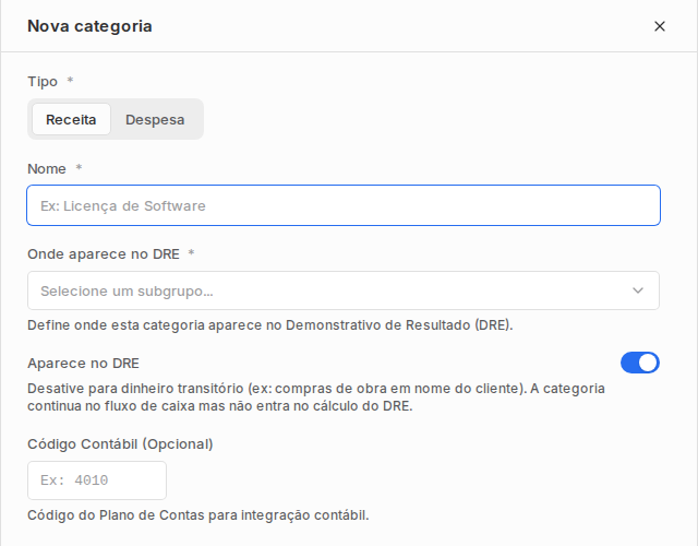 Painel Nova categoria com tipo, nome, subgrupo do DRE, opção Aparece no DRE e código contábil.