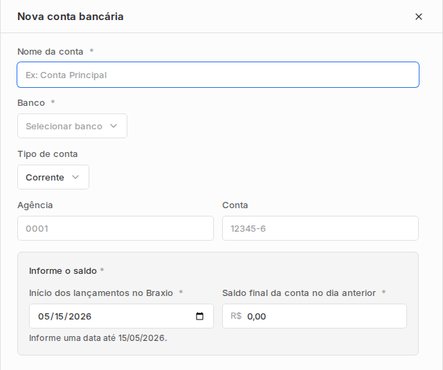 Painel Nova conta bancária com nome da conta, banco, tipo, agência, conta, início dos lançamentos e saldo anterior.