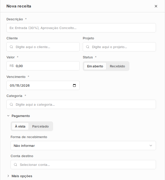 Painel Nova receita com descrição, cliente, projeto, valor, status, vencimento, categoria, pagamento e conta destino.