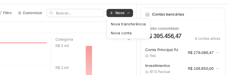 Menu do botão Novo em Bancos, com Nova transferência e Nova conta.