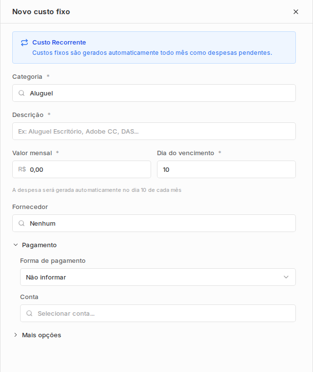Painel Novo custo fixo com categoria, descrição, valor mensal, vencimento, fornecedor, pagamento e conta.