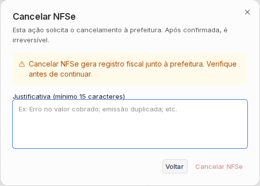 Modal Cancelar NFSe com aviso fiscal, campo de justificativa e botão de confirmação.