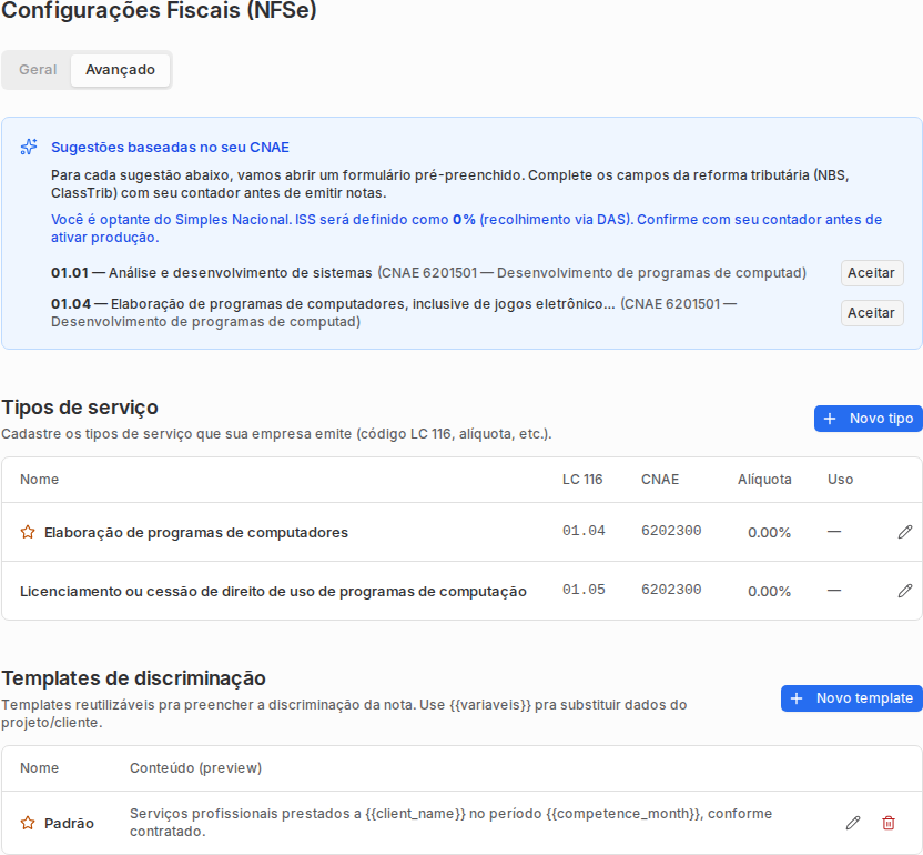 Aba Avançado das configurações fiscais com tipos de serviço e sugestões por CNAE.