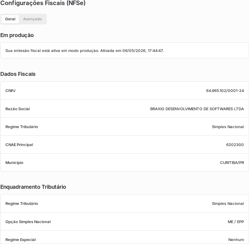 Configurações fiscais do Braxio com dados fiscais, enquadramento tributário e certificado A1.